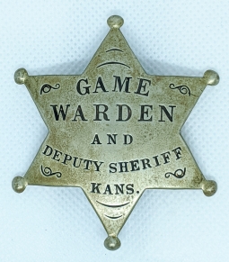 Wonderful 1870's - 1880's Double Titled Kansas Game Warden & Deputy Sheriff Old West 6 Point Star