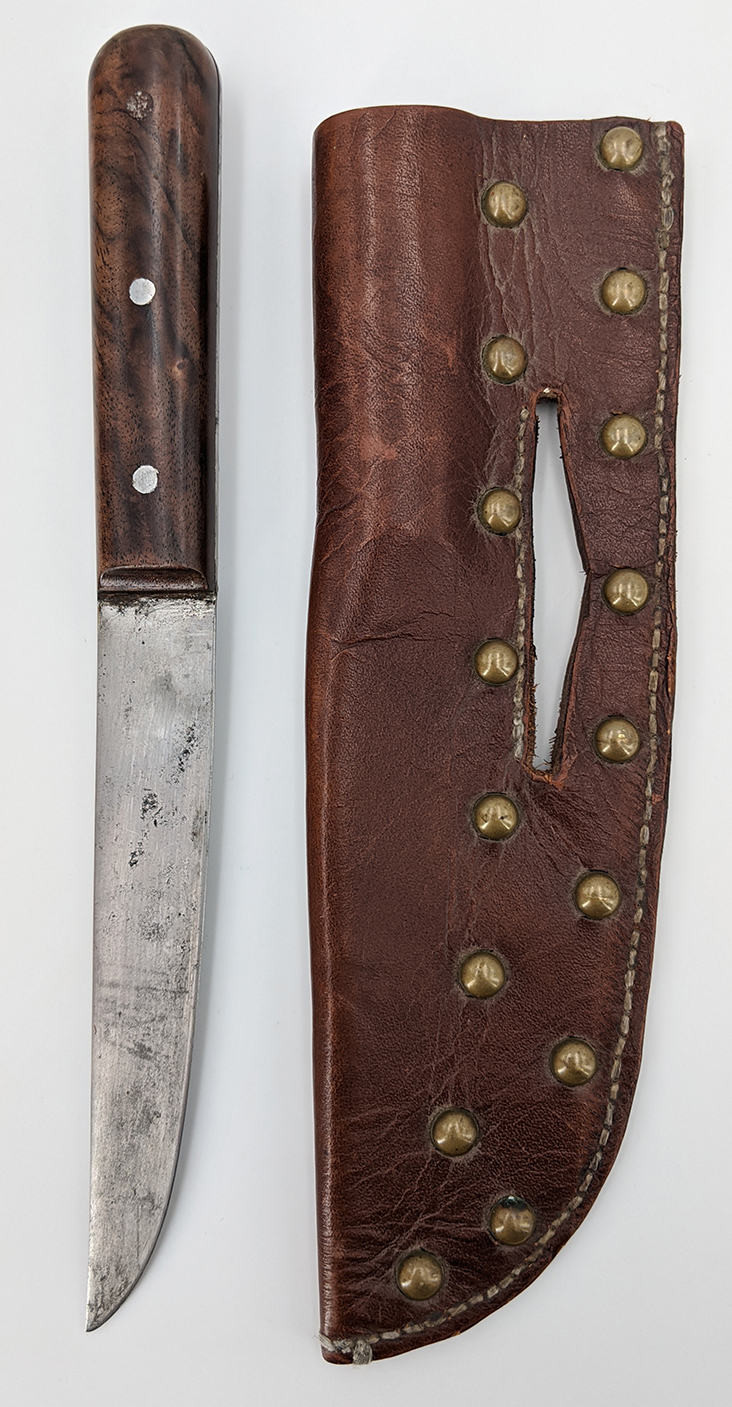 Beautiful Old West Belt Buckle Knife in Brass Studded Sheath: Flying Tiger Antiques Online Store