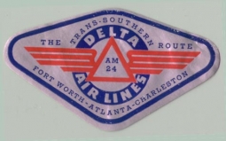 1930s Delta Airlines "The Trans-Southern Route" Baggage Label