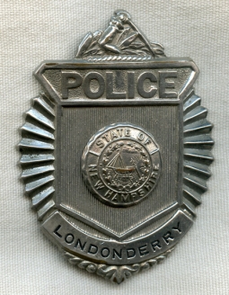 Circa 1950 Londonderry, New Hampshire Police Badge in Clamshell / Sunburst Radiator Style