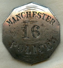 Rare 1870's Manchester NH Decagon Police Badge in Stamped & Engraved Coin Silver