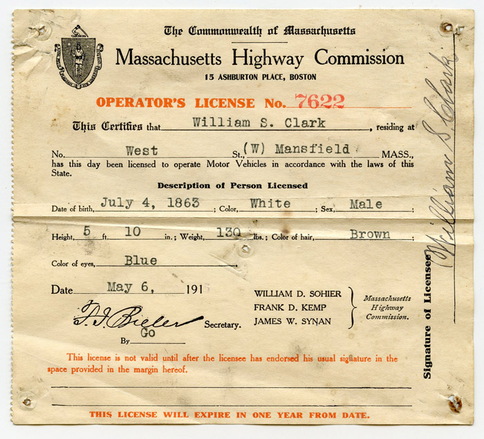 Great Early Driver's License: 1915 Massachusetts Highway Commission  Operator's License #7622: Flying Tiger Antiques Online Store