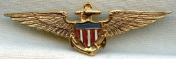 Minty 1930s USN Full Size Sweetheart Pilot Wing with Painted Shield