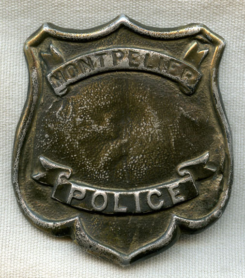 Rare 1870s-80s Montpelier, Vermont Police Badge. Silvered White Metal