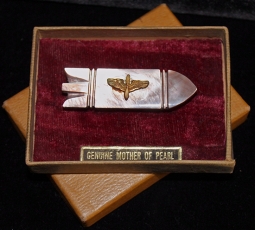 Great WWII USAAF Sweetheart Pin, Large Stylized Bomb in Mother of Pearl and Gilt Brass