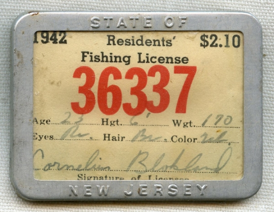 1942 New Jersey State Resident Fishing License in Excellent
