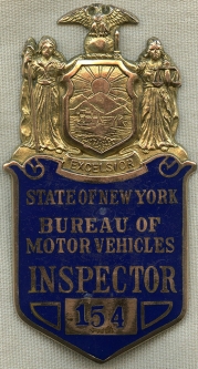 Fabulous, Huge 1920's NY Bureau of Motor Vehicles Inspector Badge by Bastian Brothers in Rolled Gold