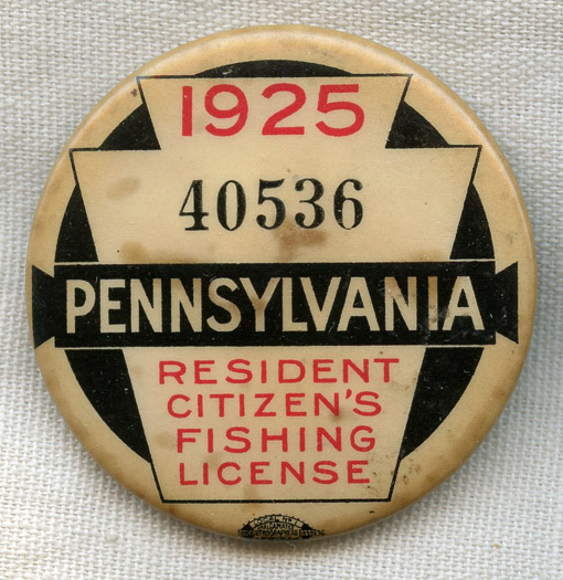 Scarce 1925 Pennsylvania Resident Citizen's Fishing License Celluloid  Badge: Flying Tiger Antiques Online Store