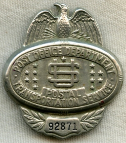 1950's US Post Office Department Postal Transport Service Clerk Badge #'d 92871