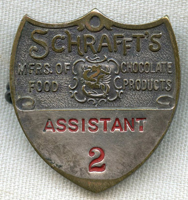 Circa 1900 Schrafft's Chocolate Manufacturers Worker Badge by Bastian Brothers