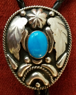 Beautiful Ca 1980's Sterling & Turquoise Native American Bolo Tie w/ Great Design