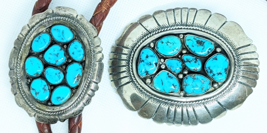 Superb Vintage Native American Navajo Morenci Turquoise Coral Chip Inlay Sterling Silver Bolo Superb Vintage Native American Navajo Morenci Turquoise Coral Chip Inlay Sterling Silver Bolo