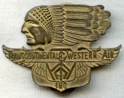Mid-1930's TWA Pilot Hat Badge of then First Officer George Cole Toop. Type I Badge