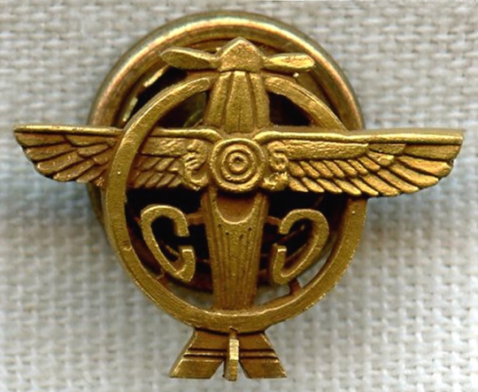 BEING RESEARCHED - 10K Gold Deco "CC" Plane Lapel Wing - NOT FOR SALE UNTIL IDed