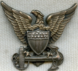 Scarce Smaller Size WWII USCG Officer Overseas Hat Badge by H & H in 10K and Sterling