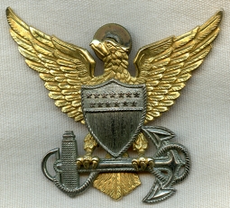 Late 1940's USCG Officer Cap Badge in Gilted Brass & Rhodium Plated Sterling Silver