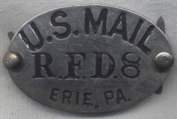Rare 1920s-1930s Rural Free Delivery United States Mail Hat Badge from Erie, Pennsylvania
