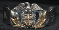 Great WWII US Merchant Marine Officer Bracelet Initialed "R.F". Gold Filled Sterling Insignia.