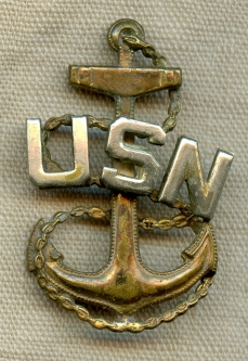 Great, "Salty", Late 1930s USN CPO Hat Badge in Gilt Brass and Nickel