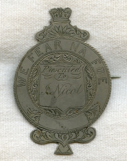 BEING RESEARCHED - Silver "We Fear Na Foe" Badge Presented to J Nicol NOT FOR SALE UNTIL IDENTIFIED