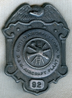 Scarce circa 1943 Pratt & Whitney Aircraft Plant "K" Fire Dept./Crash Crew Badge