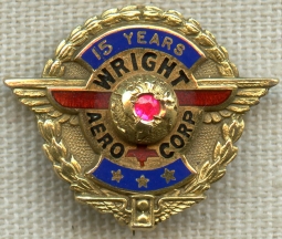 Gorgeous WWII Era Wright Aero Corp 14K Gold 15 Yr. Service Pin w/ Ruby