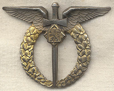 Scarce Circa 1950 Czechoslovakian Air Force Field Observer Badge in 800 Silver KOV Mark