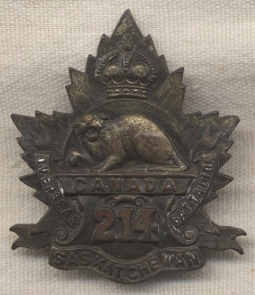 WWI 214th Overseas Battalion Canadian Expeditionary Forces (CEF) Cap Badge from Saskatchewan