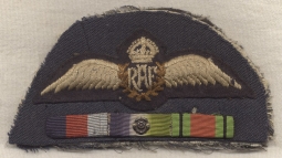 WWII Royal Air Force (RAF) Dress Pilot Wing & 3 Ribbons Attached to Piece of Uniform